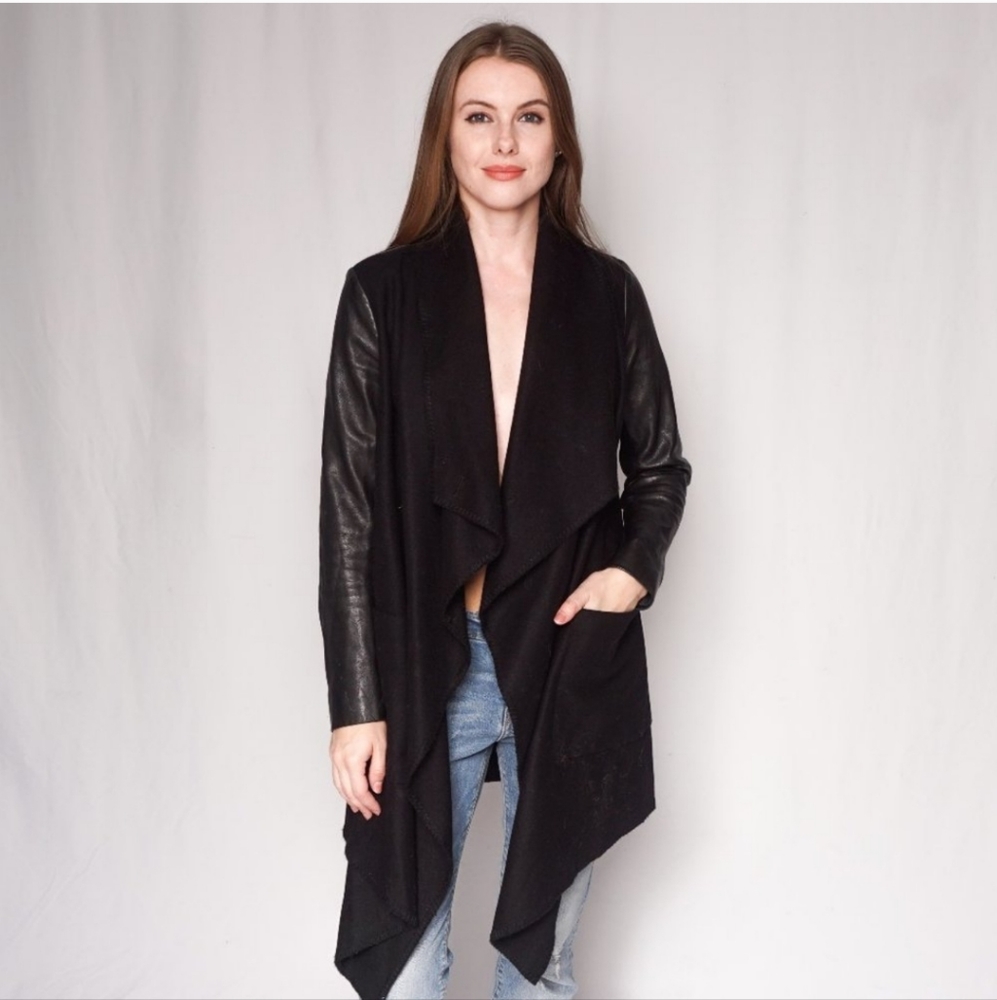 Allsaints Roux Black Wool & Leather Coat Size 6